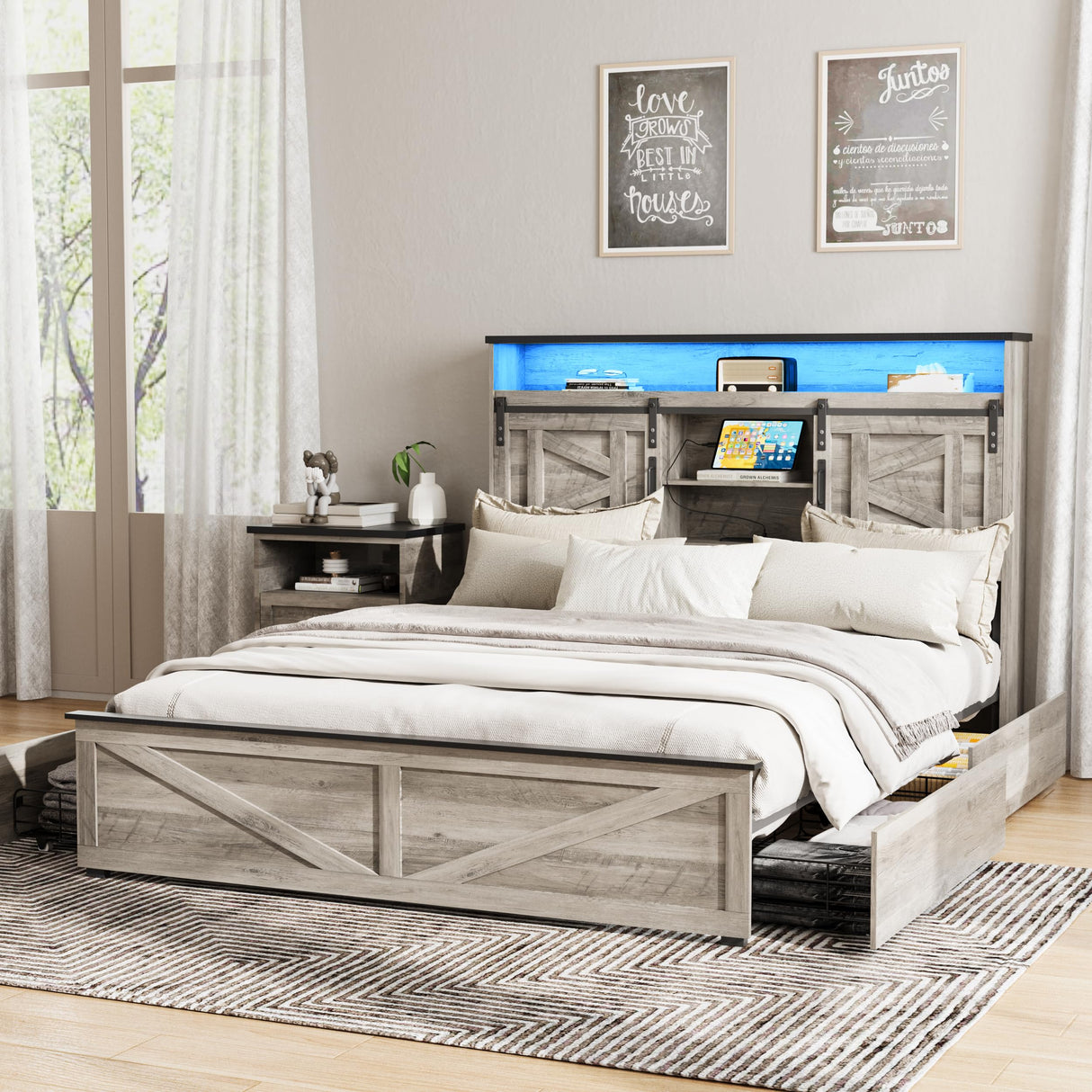 Fameill Farmhouse Queen Size Bed Frame with 4 Drawers and Bookcase Headboard, Sliding Barn Door Storage Shelves, LED Lights and Charging Station, No Box Spring Needed, Grey Fameill