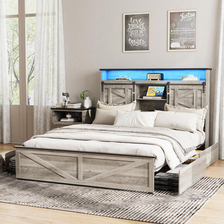 Fameill Farmhouse Queen Size Bed Frame with 4 Drawers and Bookcase Headboard, Sliding Barn Door Storage Shelves, LED Lights and Charging Station, No Box Spring Needed, Grey Fameill