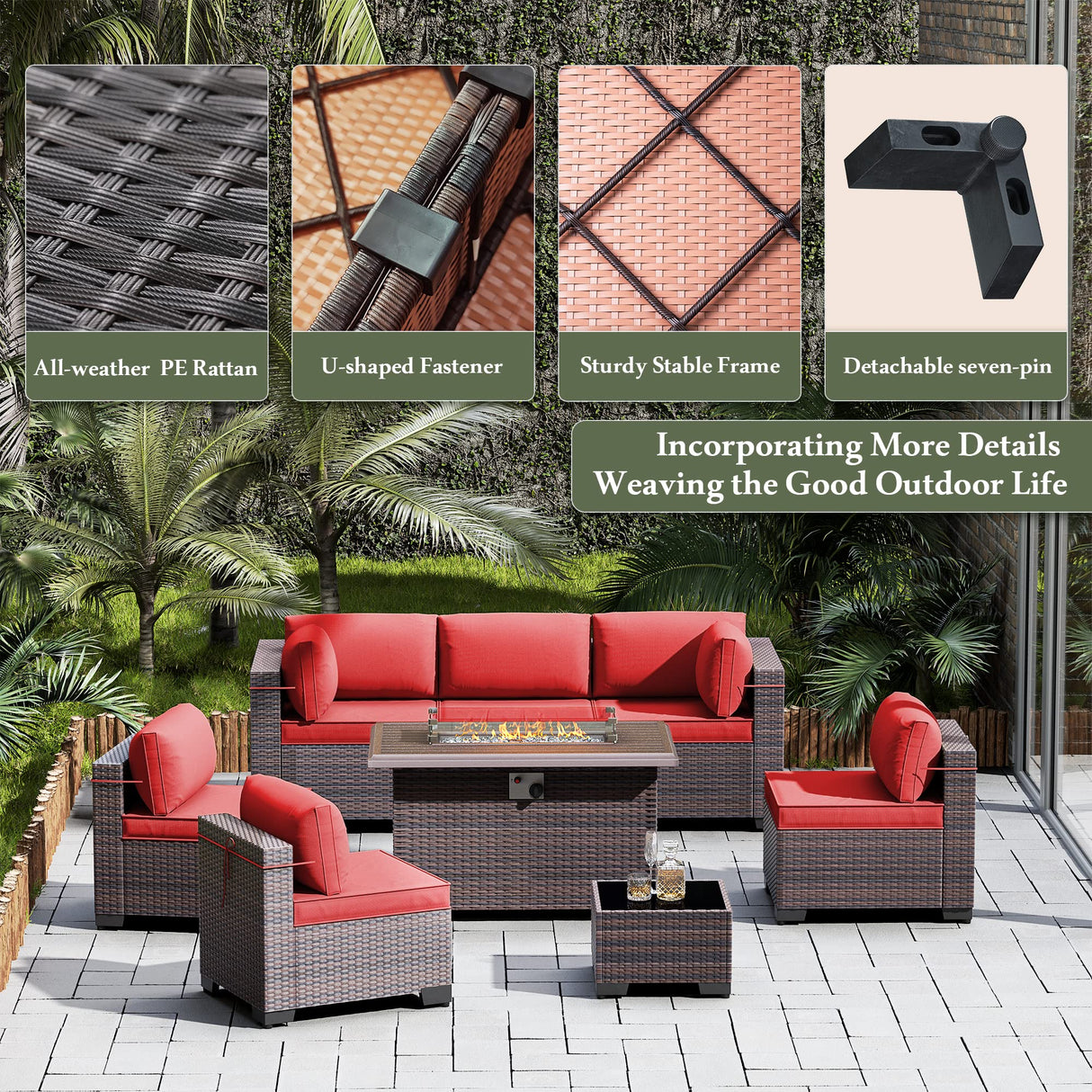 RTDTD Outdoor Patio Furniture Set with Propane Fire Pit Table, 15 Pieces Outdoor Furniture Patio Sectional Sofa Conversation Sets w/ETL Approved 43" Gas Outdoor Fire Table & Coffee Table(Red) RTDTD