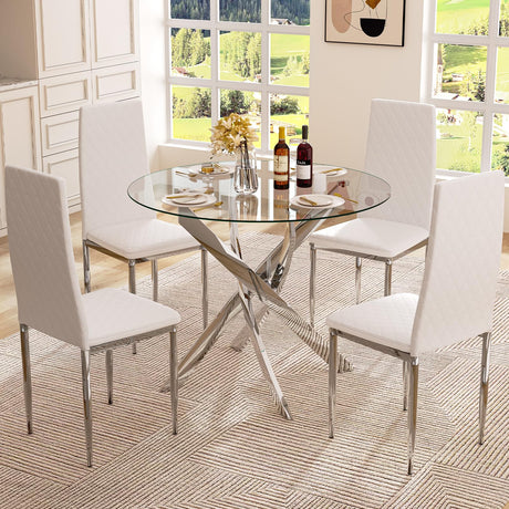 QJZLXKYT Round Dining Table Set for 4, Modern Glass Dining Room Table with Chairs, 5 Piece Kitchen Table and Chairs Set, for Living Room, Small Space (Include 4 White Chairs) QJZLXKYT