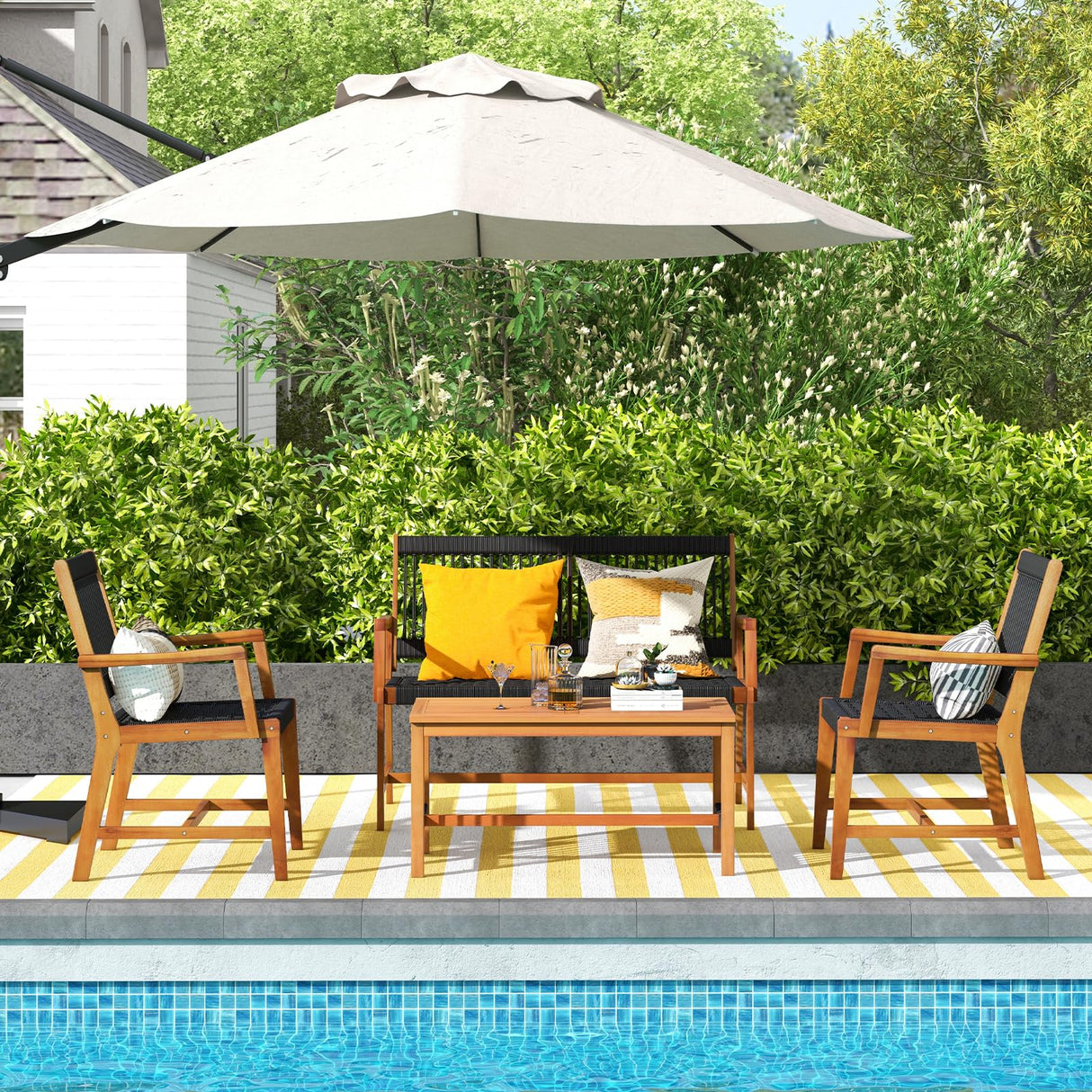 HAPPYGRILL 4 Pieces Patio Furniture Set Acacia Wood Conversation Set with Hand-Woven Rope Design, Ergonomic Loveseat & Single Chairs, Wooden Chair & Table Set for Porch Yard Poolside HAPPYGRILL