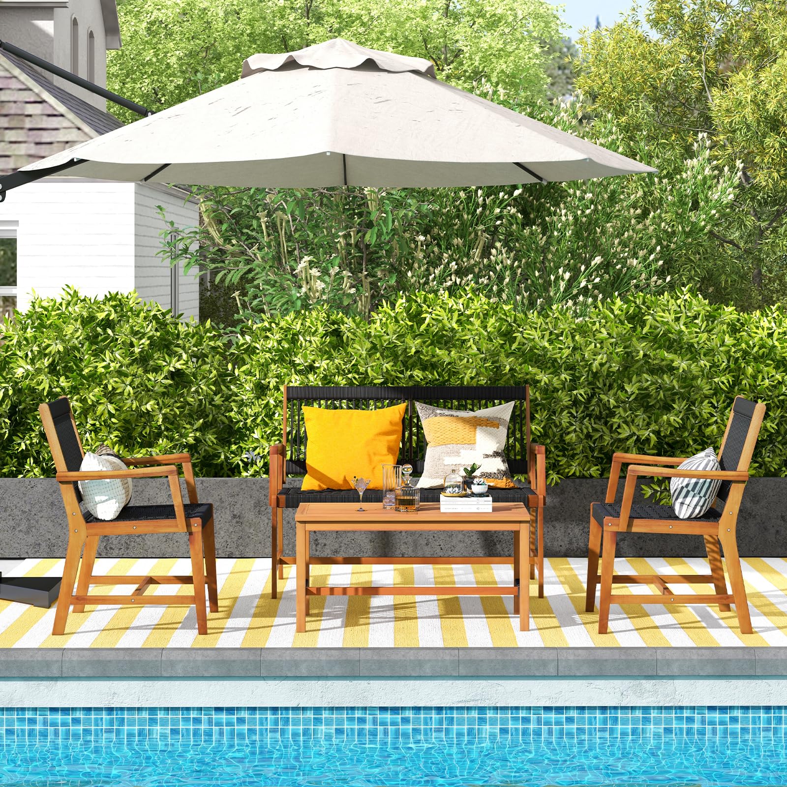 HAPPYGRILL 4 Pieces Patio Furniture Set Acacia Wood Conversation Set with Hand-Woven Rope Design, Ergonomic Loveseat & Single Chairs, Wooden Chair & Table Set for Porch Yard Poolside - WoodArtSupply