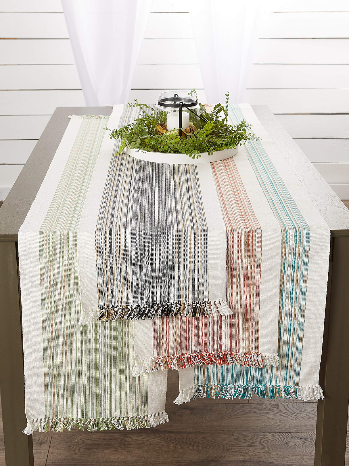 DII Everyday Collection Fringed Stripe Tabletop, Table Runner, 14x72, Teal DII