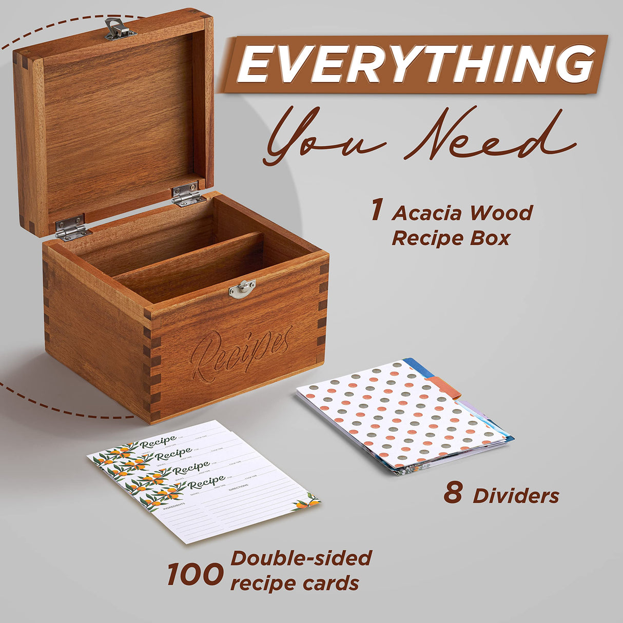 Tidita Acacia Wood Recipe Box with Cards - Blank Recipe Box Wooden Set Come with 100 4x6 Recipe Cards, 8 Dividers. Perfect Recipe Organizer (Acacia Wood) Tidita