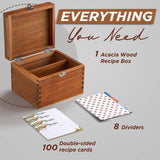 Tidita Acacia Wood Recipe Box with Cards - Blank Recipe Box Wooden Set Come with 100 4x6 Recipe Cards, 8 Dividers. Perfect Recipe Organizer (Acacia Wood) Tidita
