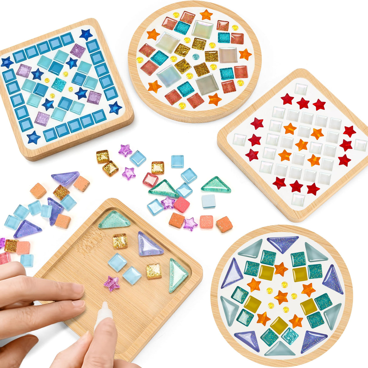 Joyclub 4 Sets DIY Glass Mosaic Tiles for Crafts Mosaic Kits for Adults and Kids with Wooden Coasters for Drinks Tray Creative Handmade Making Supplies Home Decor Art Christmas Gifts Joyclub