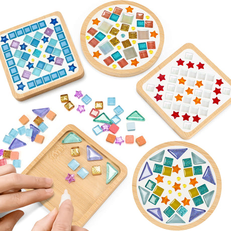 Joyclub 4 Sets DIY Glass Mosaic Tiles for Crafts Mosaic Kits for Adults and Kids with Wooden Coasters for Drinks Tray Creative Handmade Making Supplies Home Decor Art Christmas Gifts Joyclub