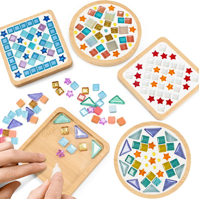 Joyclub 4 Sets DIY Glass Mosaic Tiles for Crafts Mosaic Kits for Adults and Kids with Wooden Coasters for Drinks Tray Creative Handmade Making Supplies Home Decor Art Christmas Gifts