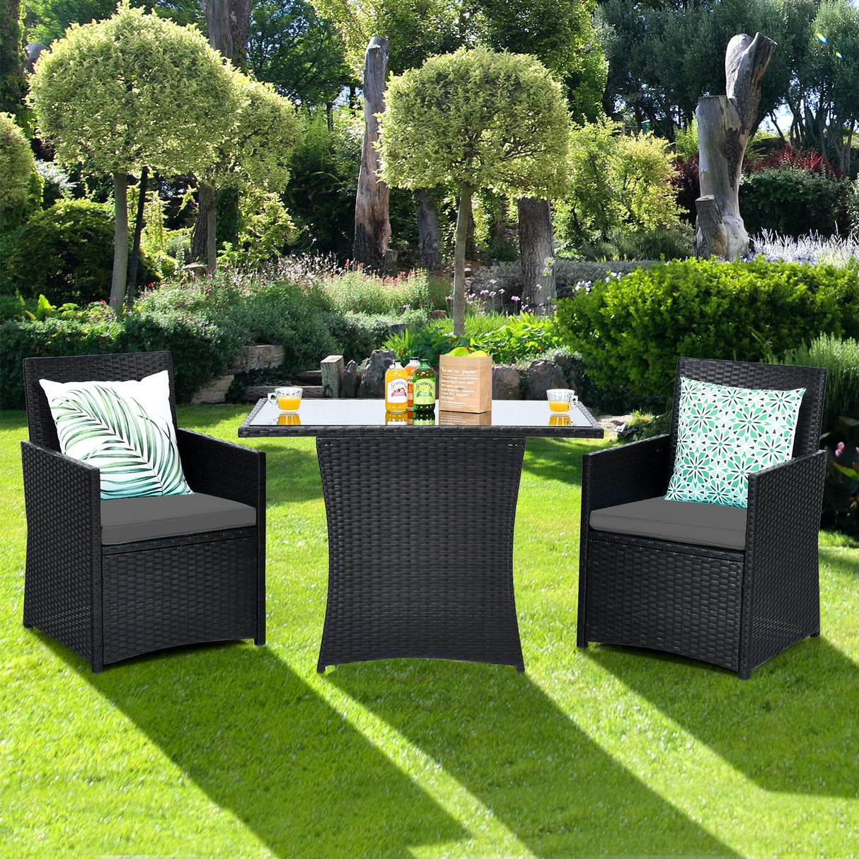 HAPPYGRILL 3 Piece Outdoor Wicker Bistro Set PE Rattan Dining Table Set with Cushioned Chairs, Patio Conversation Set for Backyard Porch Garden and Poolside HAPPYGRILL
