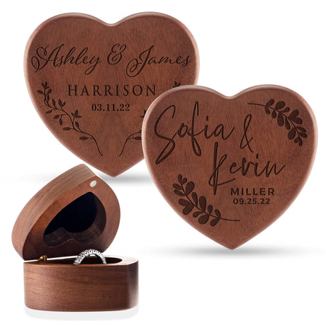 Personalized Wooden Ring Box, Custom Ring Bearer Box, Wooden Heart Ring Box for Wedding Ceremony, 8 Designs with Names and Family Name, Engagement Ring Holder for Proposal, Wedding Keepsake Personalization Lab
