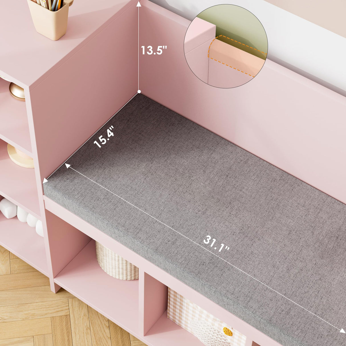 HOSTACK 67" Pink Kids Reading Nook with Bench, Bookshelf, Cushioned Seat & 6 Storage Cubbies HOSTACK