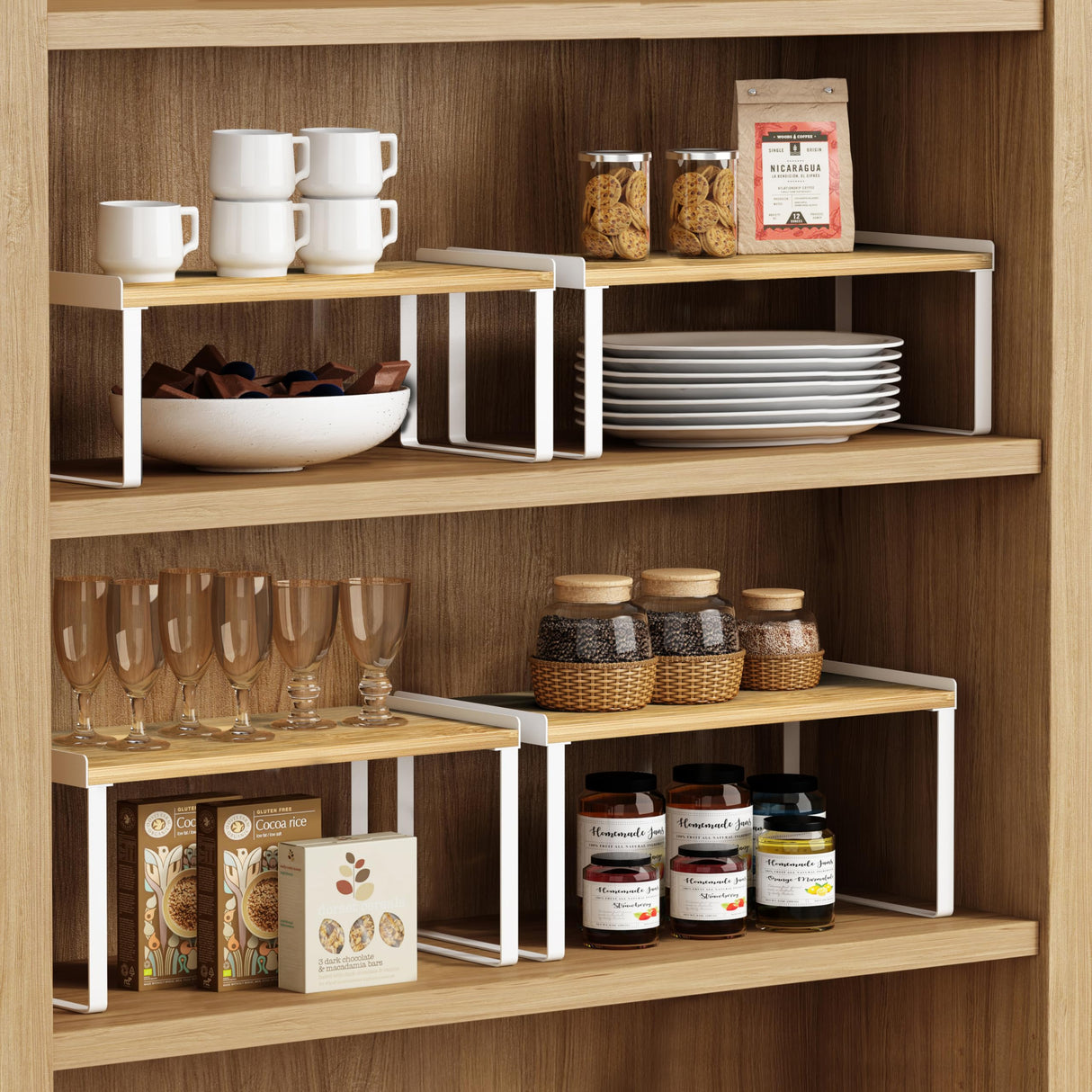 Goozii Large Kitchen Cabinet Organizer Shelf Set of 4, White Stackable Countertop Organizer for Kitchen Counter, Organizers and Storage Rack for Spices Plate (Bamboo Wood) Goozii