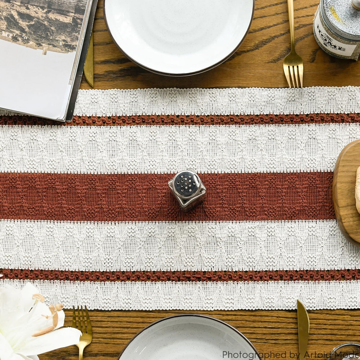 Artoid Mode Caramel Farmhouse Woven Rustic Table Runner, Seasonal Holiday Hollow Kitchen Dining Table Decoration for Home Party Decor 12x72 Inch Artoid Mode