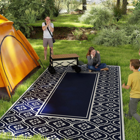 Outsunny Outdoor Rug for Patio, 9' x 18' Waterproof Large Mat, Reversible Plastic Straw Rug for Decor, Portable Outside RV Camping Area Carpet Mat for Backyard Porch Deck Picnic, Blue & White Gourd Outsunny