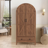 PAKASEPT Armoire Wardrobe Closet with Drawers and 2 Arched Fluted Doors, 70.9‘’ Tall Wooden Bedroom Armoires with LED Light & Shelves and Hanging Rod(Brown) PAKASEPT
