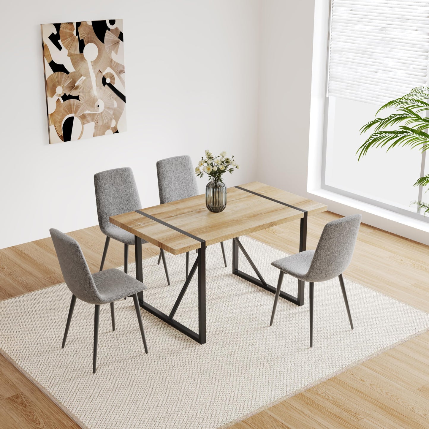 WIIS' IDEA Modern Dining Table Set for 4,Rectangular Solid Wood Dining Table for 4 People,Metal Base and Legs,Suitable for Living Room,Dining Room,Kitchen,55" Dining Table+4Gray Chair - WoodArtSupply