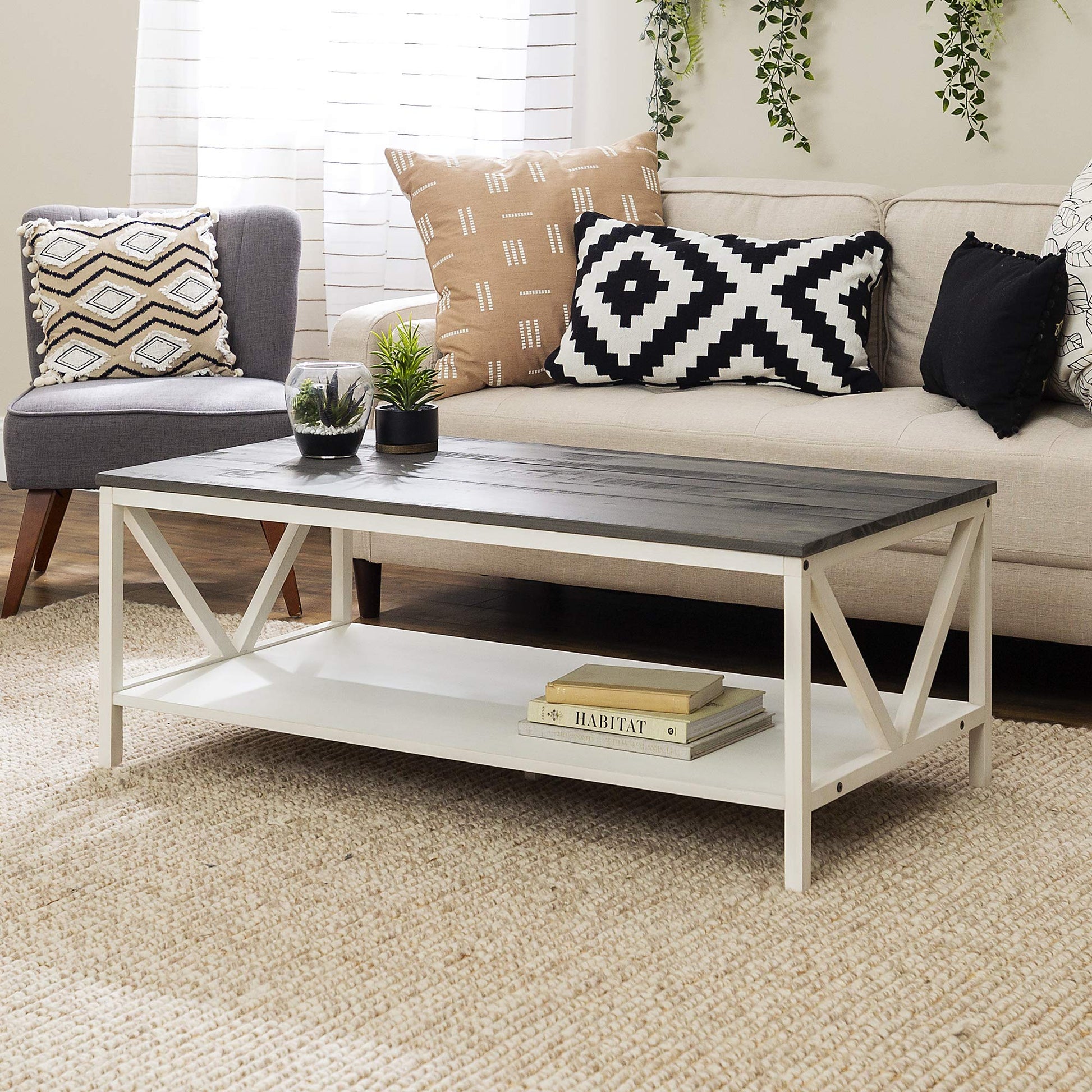 Walker Edison Modern Farmhouse Distressed Wood Rectangle Coffee Table Living Room Ottoman Storage Shelf, 49 Inch, Grey and White - WoodArtSupply