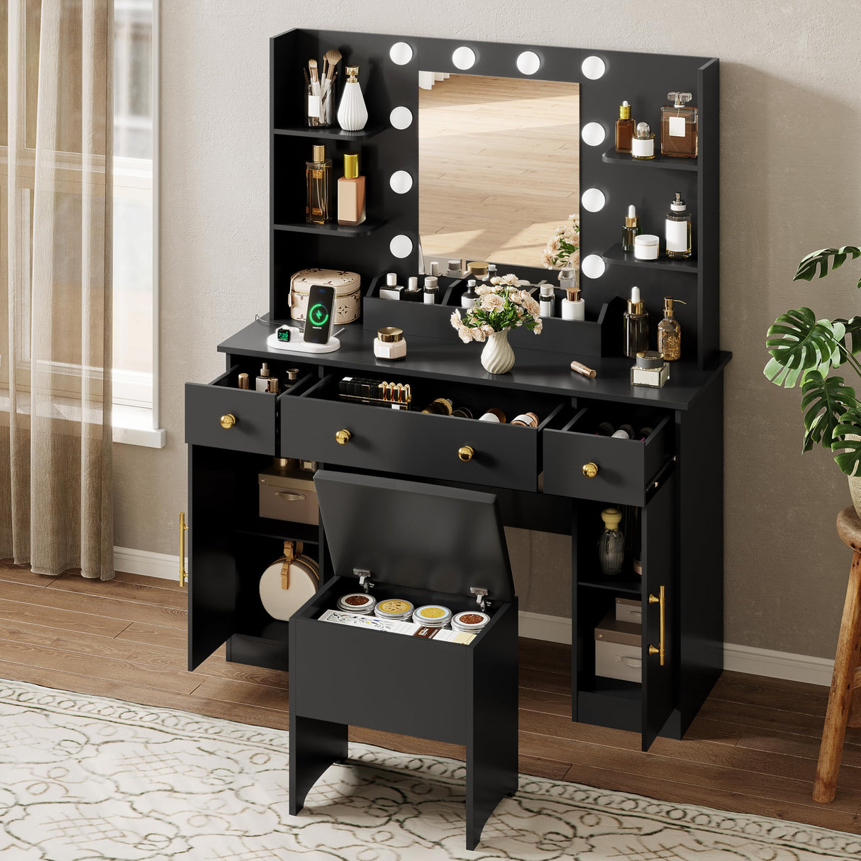 HUANLEGO Vanity Desk with Mirror and Lights, Black Makeup Vanity Mirror with RGB LED Lights, 3 Color Modes Adjustable Vanity Desk with Charging Station, 3 Drawers and Vanity Chair for Bedroom HUANLEGO