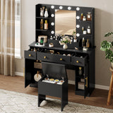 HUANLEGO Vanity Desk with Mirror and Lights, Black Makeup Vanity Mirror with RGB LED Lights, 3 Color Modes Adjustable Vanity Desk with Charging Station, 3 Drawers and Vanity Chair for Bedroom HUANLEGO