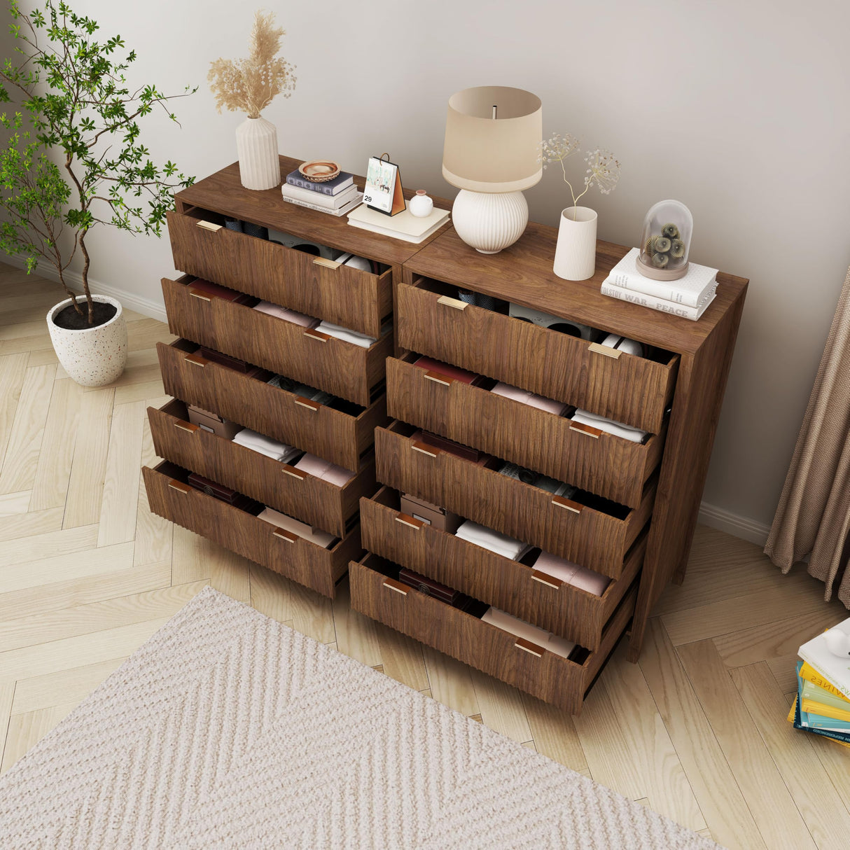 affeivul Mid Century Modern Dresser, 5 Drawer Dresser for Bedroom Wood, Farmhouse Wooden Storage Cabinet Side Table with Solid Wood Legs, Tall Skinny Nighstand for Closet, Living Room (Walnut) affeivul