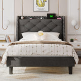 Feonase Twin Bed Frames with Luxury Wingback and Fast Charging Station,Twin Size Upholstered Button Tufted Storage Headboard Platform Bed,Sturdy Wooden Slats Support,Noise-Free,Easy Assembly,Dark Gray Feonase