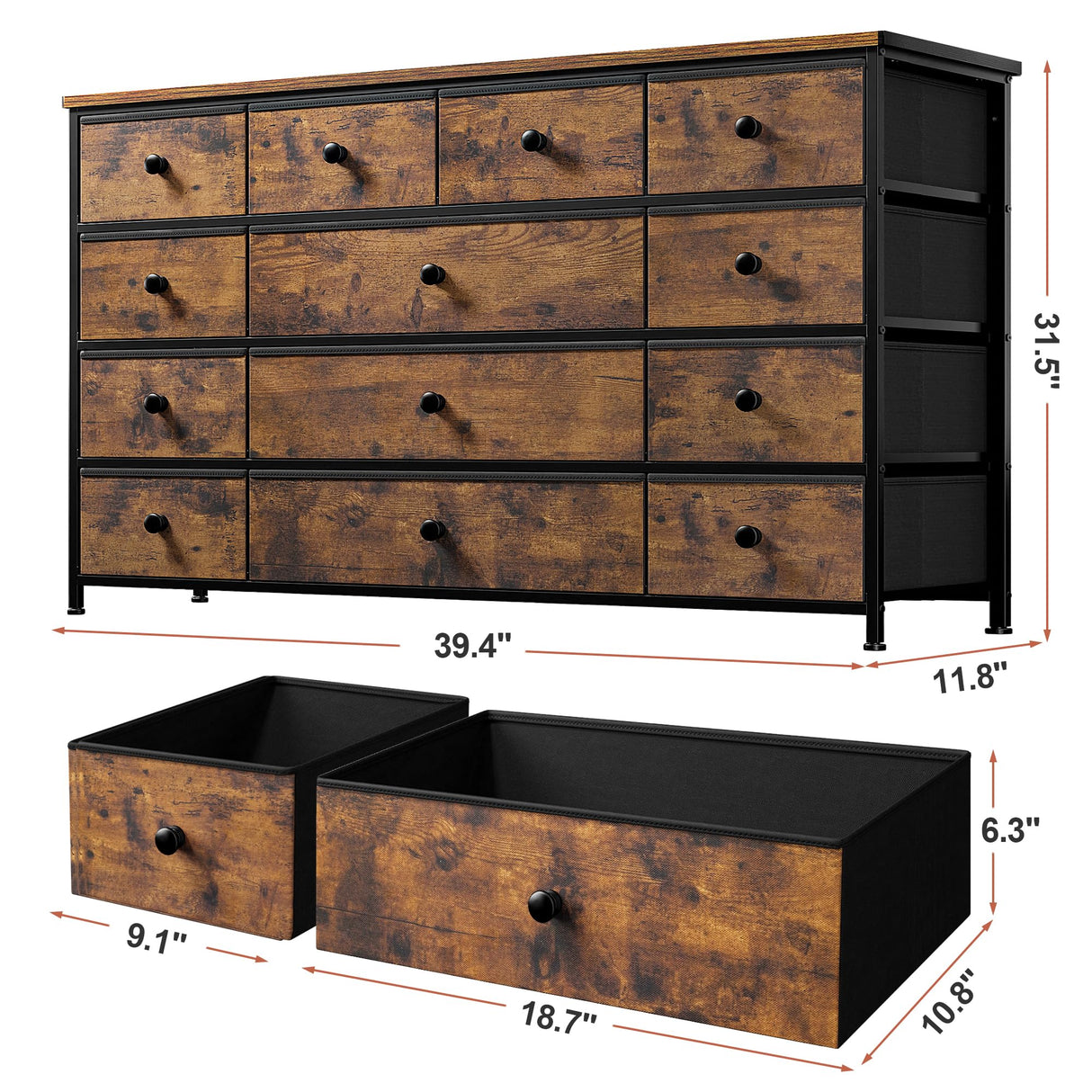 EnHomee TV Stand for 55" TV with 13 Drawers, Long Dresser TV Stand for Bedroom, Large Dressers & Chest of Drawers for Bedroom Living Room Entry, Sturdy Metal Frame,39.4"Wx 31.5"H x 11.8"D,Rustic Brown EnHomee