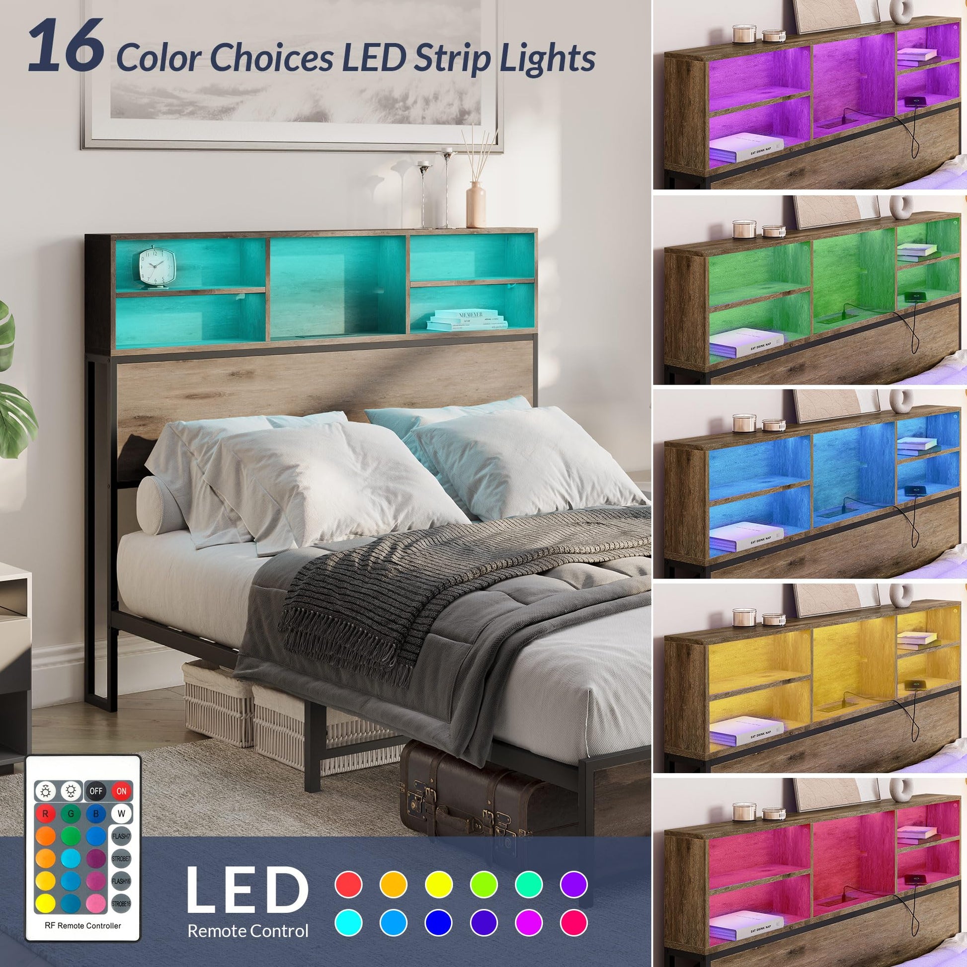 BELLEZE Riviera Full Size Bed Frame with Storage Headboard, RGB LED Light and Fast Charging Station - WoodArtSupply