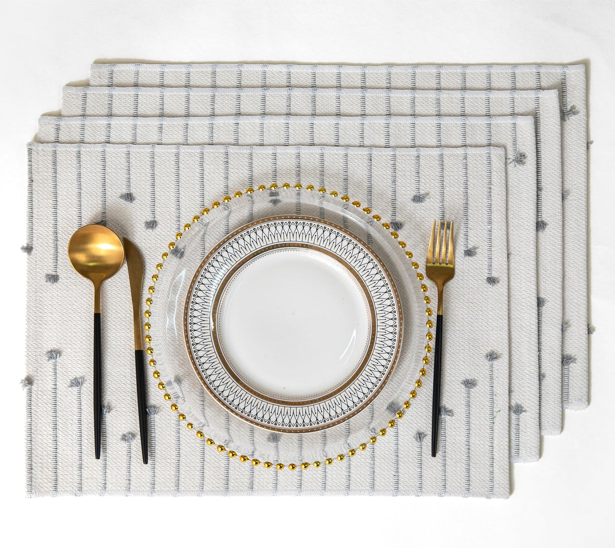 Placemats Set of 4 for Dining Table Décor, Woven Cloth Place Mats for Farmhouse Kitchen Tabletop, Handcrafted Machine Washable Cotton Table mats 13 x 19 Inch, Grey and Beige Caflife