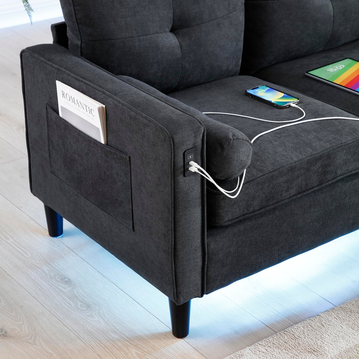 Harper & Bright Designs 76.5-Inch Modern Sofa Couch with 2 Side Pockets, USB Ports on Armrests and LED Lights – Linen Fabric 3-Seater for Living Room, Apartment or Office in Black Harper & Bright Designs