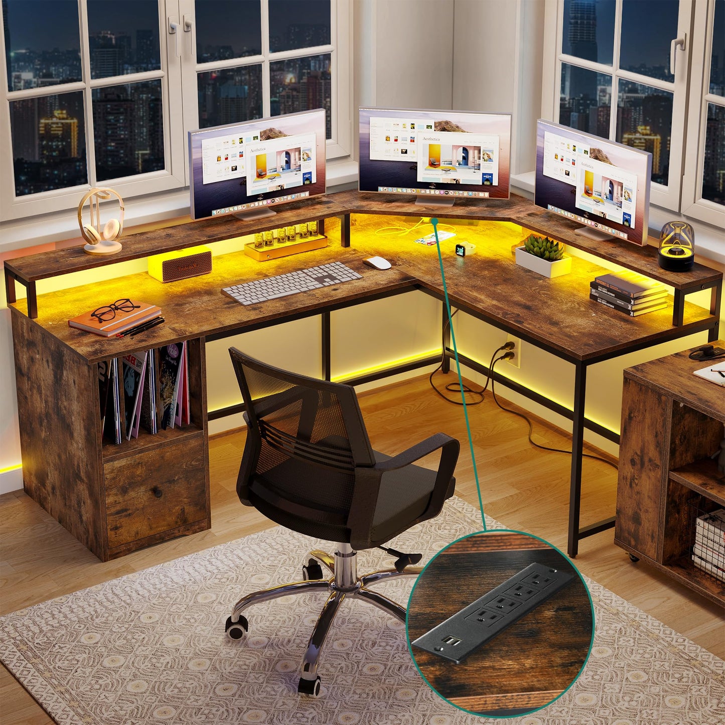 YITAHOME L Shaped Desk with Power Outlets & LED Lights, 67" Computer Desk with File Drawer, Corner Desk Home Office Desk with Monitor Stand & 3 Cubbies Storage Shelves, Rustic Brown - WoodArtSupply