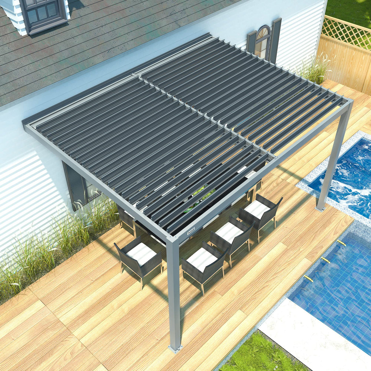 PATISOL Louvered Pergola Against The Wall Outdoor Patio 13'x10' Full Aluminum Pergola Wall Mounted Attached Adjustable Roof Hardtop Rainproof Gazebo for Deck Garden Yard Beach (Grey) Patisol