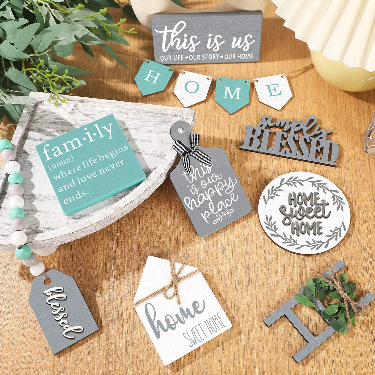 11 Pcs Farmhouse Tiered Tray Decor Home Wood Sign Rustic Home Sweet Home Simply Blessed Wooden Beads Tiered Tray Decorations Set for Home Kitchen Table FairySandy