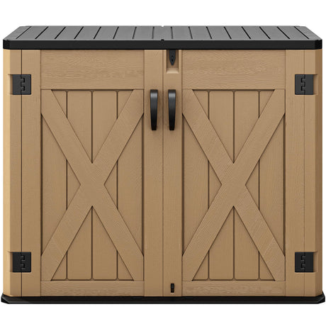 DWVO Outdoor Storage Shed, Weatherproof Resin, 35 Cu Ft Capacity, Horizontal Design, X-Shaped Lockable Door, Suitable for Bike, Garden Tools, Trash Cans, Brown DWVO