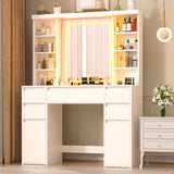 COWMOU Tall Vanity Desk with LED Mirror and RGB Lights Shelves, White Makeup Vanity with Power Outlet, Vanity Table with 5 Sliding Drawers & 2 Cabinets for for Bedroom and Dressing Room COWMOU