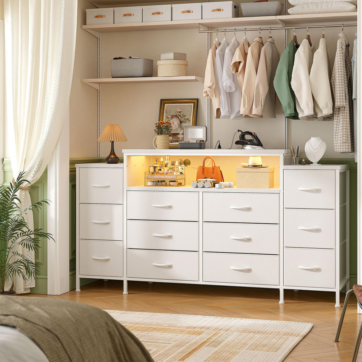 EnHomee 55" W Dresser for Bedroom with LED Lights & Charging Station 12 Drawer Dressers & Chests of Drawers Dresser TV Stand for Bedroom for Hanging 65" TV, Metal Frame & Fabric Drawers, White EnHomee