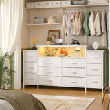 EnHomee 55" W Dresser for Bedroom with LED Lights & Charging Station 12 Drawer Dressers & Chests of Drawers Dresser TV Stand for Bedroom for Hanging 65" TV, Metal Frame & Fabric Drawers, White EnHomee