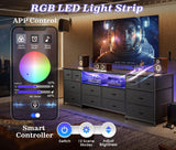 Huuger 63 Inch Dresser TV Stand with LED Lights, Power Outlets and USB-C Port, 12 Fabric Drawer Dresser for Bedroom, Wide Entertainment Center for 65, 70 Inch TV, Open Shelf, Black Huuger