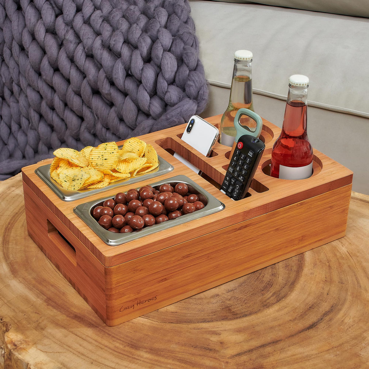 COZY HEROES Bamboo Couch Console Caddy: Ultimate Couch Cup Holder Tray, Middle-Couch Organizer, Drink Holder with Removable Magnetic Lid - Couch Center Console Perfect for Movie Nights for TV lovers COZY HEROES