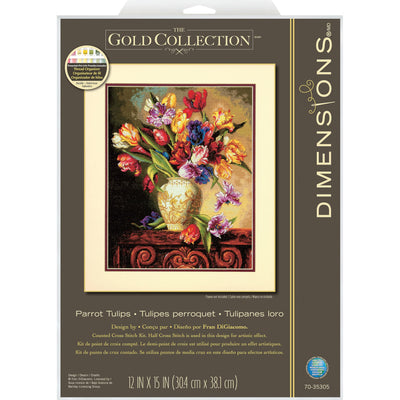 Dimensions Gold Collection Counted Cross Stitch Kit, Parrot Tulips, 14 Count Black Aida, 12'' x 15''