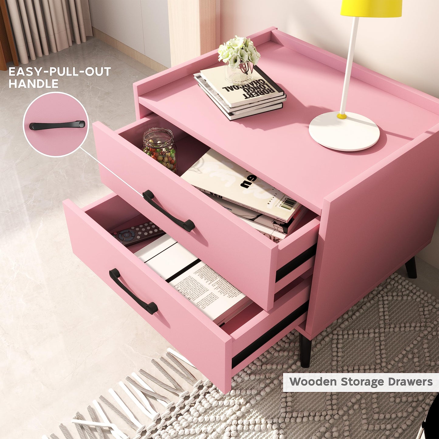 Youmumeub Nightstand with 2 Drawers: Pink Besides - Table for Bedroom Modern End Table for Bedroom Small Caninet with Solid Metal Legs