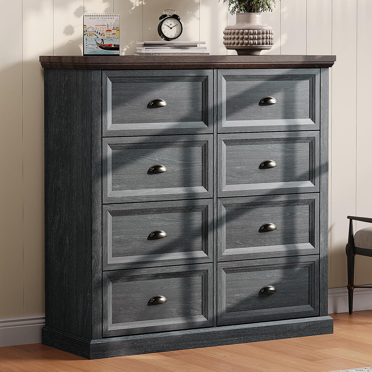 AMERLIFE 42" Dresser for Bedroom, Farmhouse 8 Drawer Dresser, Dressers & Chests of Drawers, Organizer with Storage Drawers, Dark Blue AMERLIFE