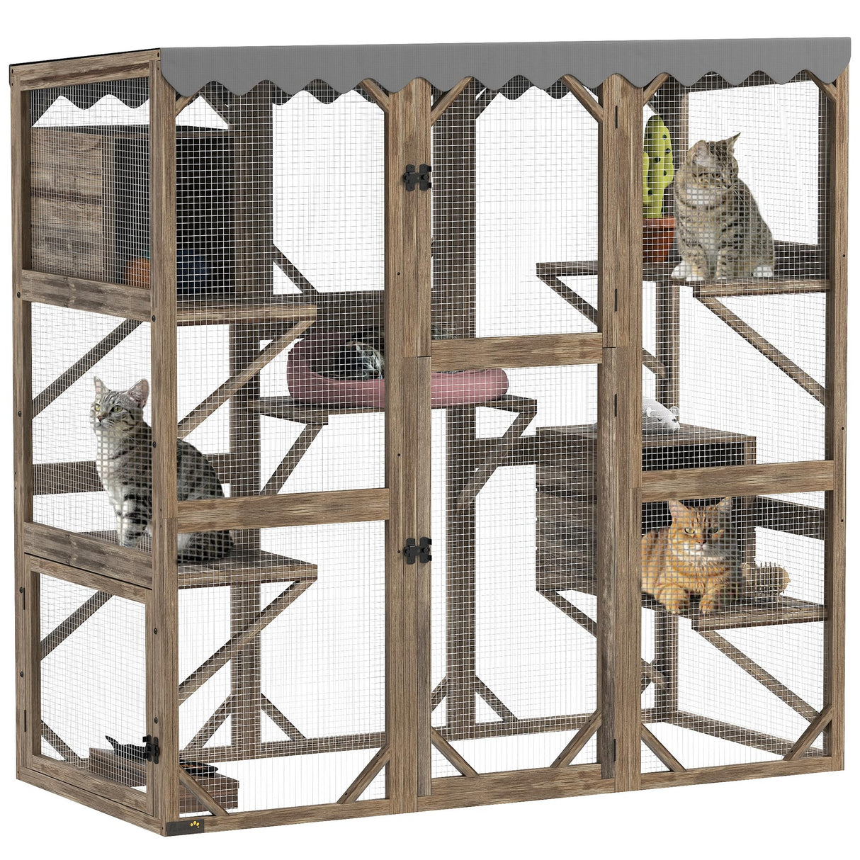PawHut Catio Outdoor Cat Enclosure, Wooden Cat House with Window Access, 5 Platforms and 2 Resting Box, Waterproof Roof, Kitty Cage for Multiple Kittens, 59" H, Brown PawHut