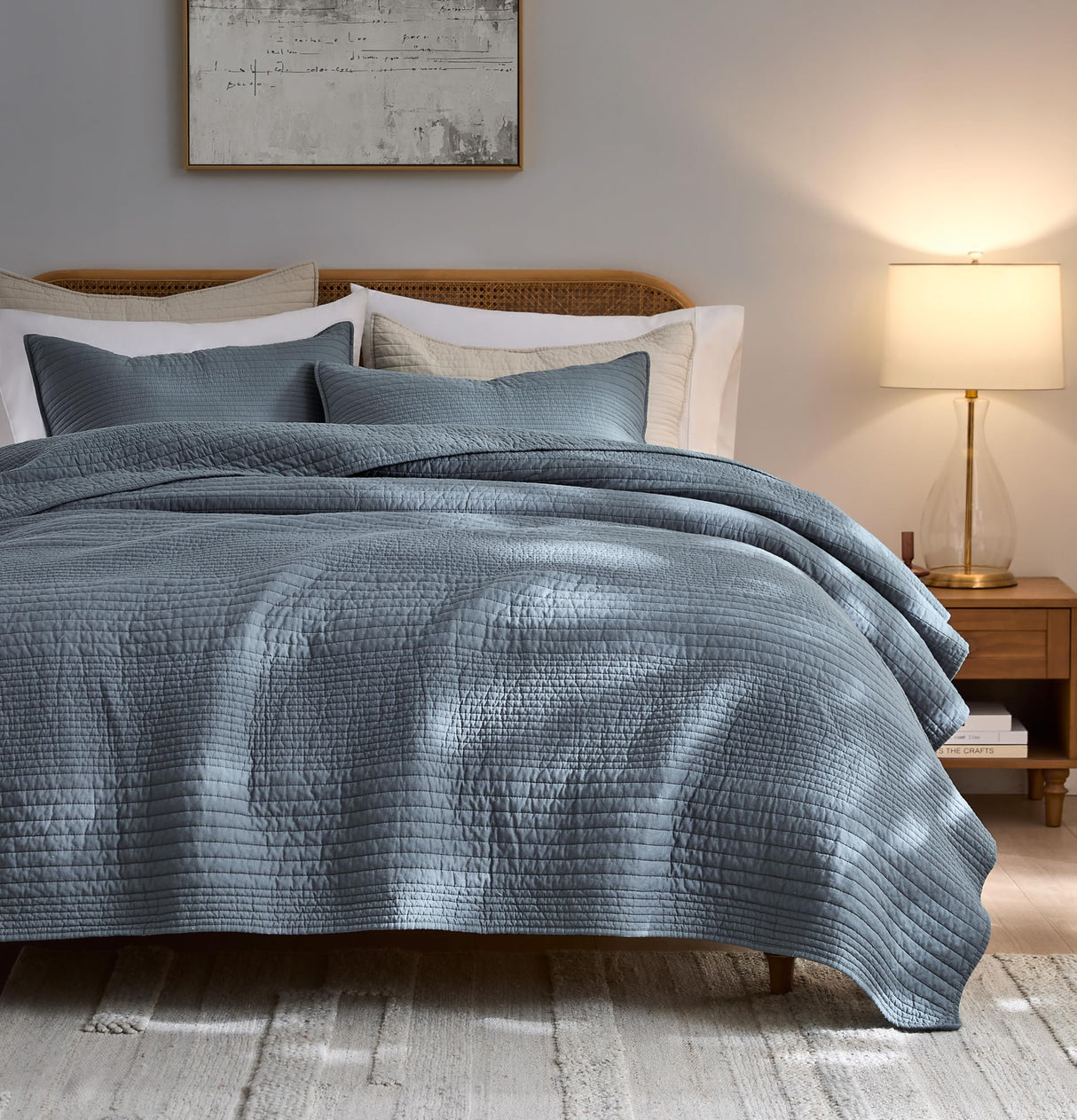 palassio Striped Blue Grey 100% Cotton Quilt King Size Bedding Sets, Lightweight Crinkly Channel Pick Stitch Textured Bedspread Soft Shabby Chic Farmhouse Country Coverlet for All Season, 2 Shams palassio