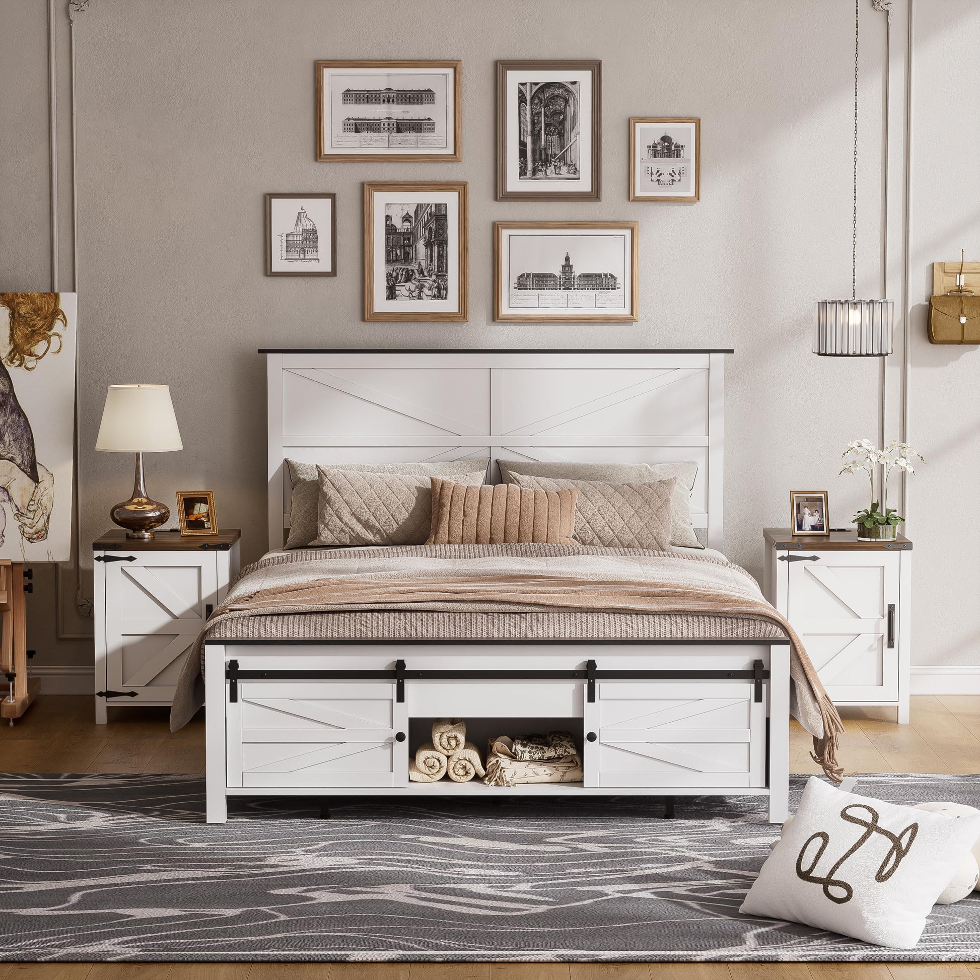 PAKASEPT Queen Size Farmhouse Wood Bed Frame with Sliding Barn Door and Ample Storage - WoodArtSupply