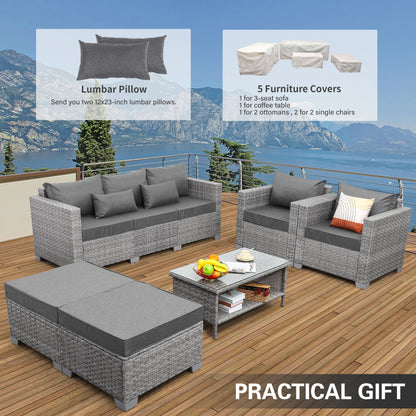 WAROOM Patio Furniture Set 6 Piece Outdoor Patio Set Grey Wicker Balcony Furniture Conversation Sets PE Rattan Couch Sofa with Coffee Table, Grey Cushion - WoodArtSupply