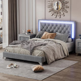 HomSof Modern Grey Velvet Platform Bed Frame with LED Lights and Tufted Headboard HomSof