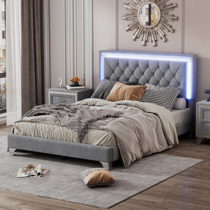 HomSof Modern Grey Velvet Platform Bed Frame with LED Lights and Tufted Headboard - WoodArtSupply