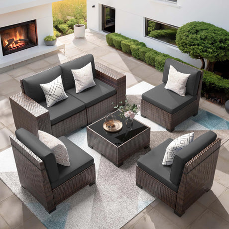 VONZOY Patio Furniture Set, 6 Pieces Outdoor Sectional Sofa Conversation Sets, Brown PE Rattan Wicker Seating Set, 4'' Thickened Cushions & 1 Glass Coffee Table for Backyard Poolside, Grey VONZOY