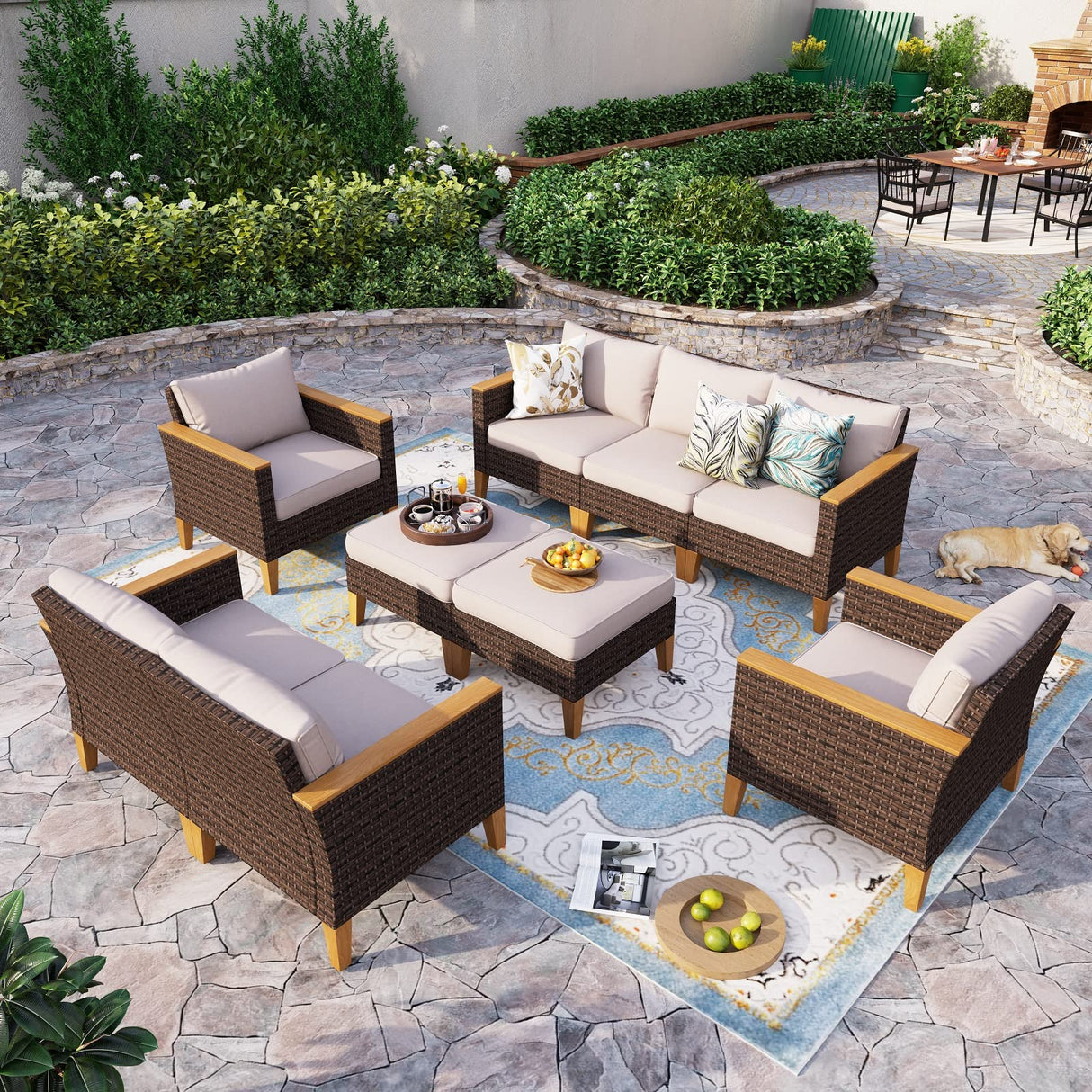 Sophia & William Wicker Patio Furniture Set, Outdoor Rattan Sectional Sofa 9 Piece Patio Conversation Set with 4 x Corner Sofa, 2 x Single Sofa, 1 x Armless Sofa, 2 x Ottoman for Deck, Backyard Sophia & William