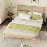 KEIKI Queen Size Rubber Wooden, Solid Wooden Bed with Rattan Headboard, Enhanced by Support Feet KEIKI